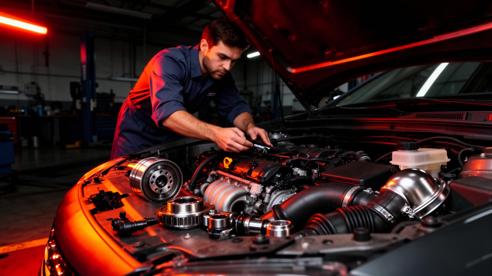 Mecânico trabalhando em motor com peças automotivas de qualidade